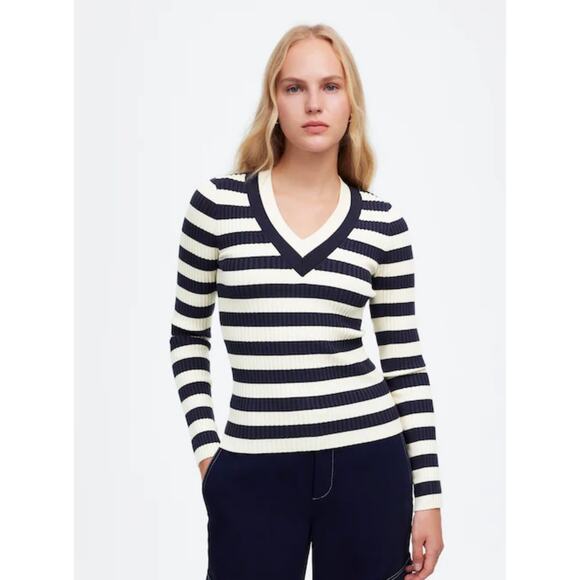 Madewell V-Neck Striped Sweater - Size Large - Navy Stripe - Picture 1 of 6
